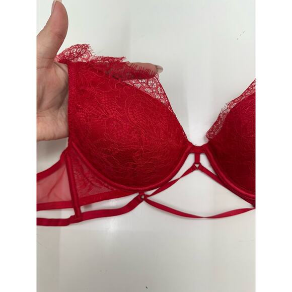 Victorias Secret Womens Bra 32D Very Sexy Lightly Lined Plunge Red Lacy Strappy - Picture 3 of 15